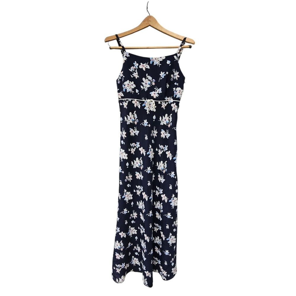 Y2K 90's ESPRIT Blue Floral Slip Dress Square Neck Empire Waist Size Small